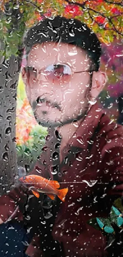 Portrait of a man with raindrops and colorful nature.