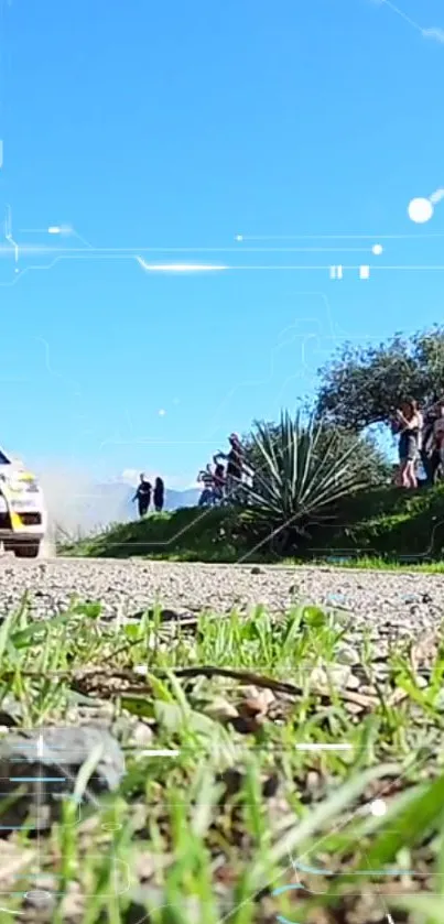 Rally car speeding on a dirt path with a scenic landscape.