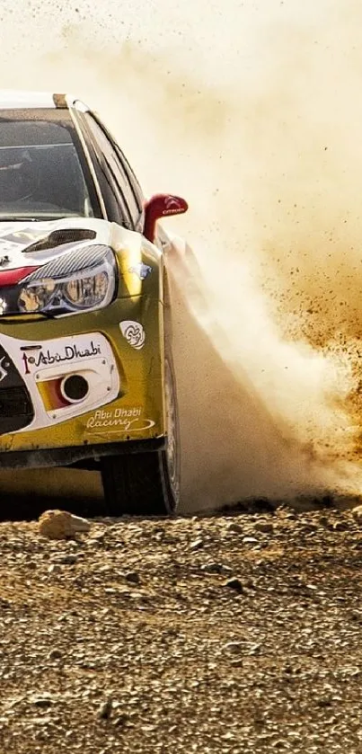 Rally car on dusty race track kicking up dirt clouds.