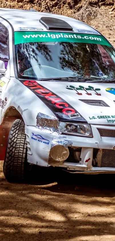 Exciting rally car speeding on dirt track.