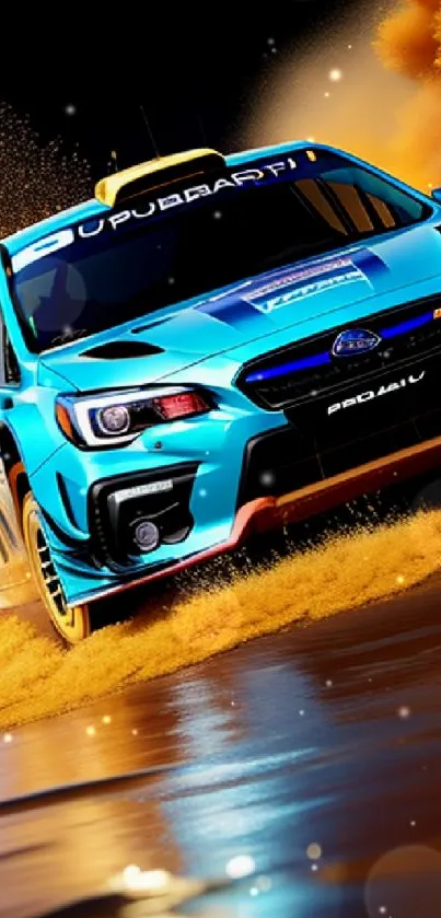 Blue rally car speeding in a desert setting, creating dynamic motion.