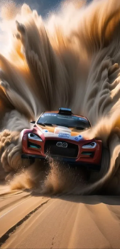 Rally car speeding through desert sand clouds.