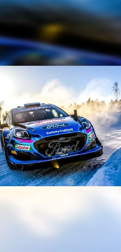 Blue rally car speeding on snow-covered road.