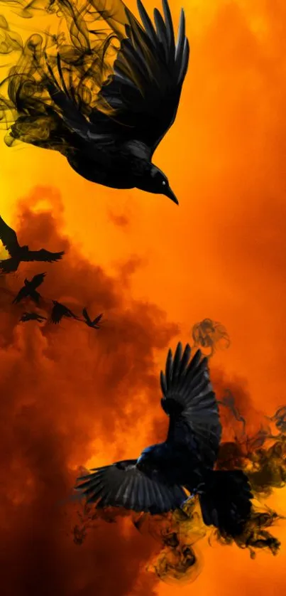 Vibrant orange sky with soaring ravens, exuding mystery and drama.