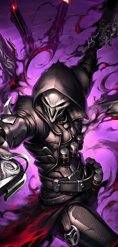 Dynamic reaper figure in dark armor with purple and red tones.