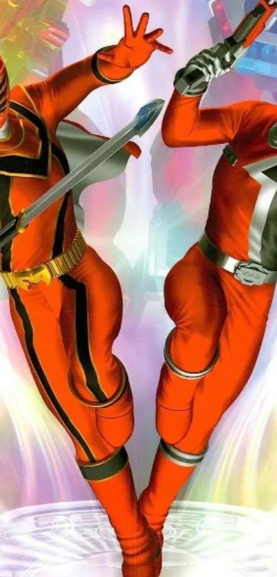 Two red-clad action heroes with swords in dynamic poses.