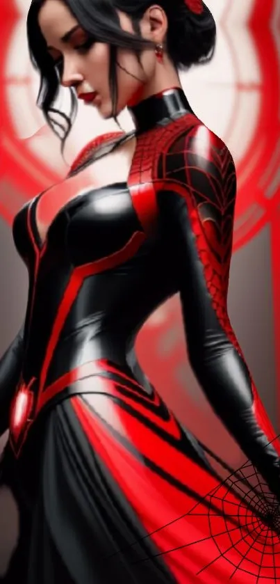 Dynamic red and black wallpaper featuring a female superhero.