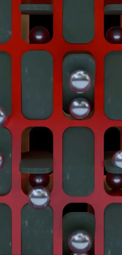 Dynamic red and black wallpaper with metallic spheres.