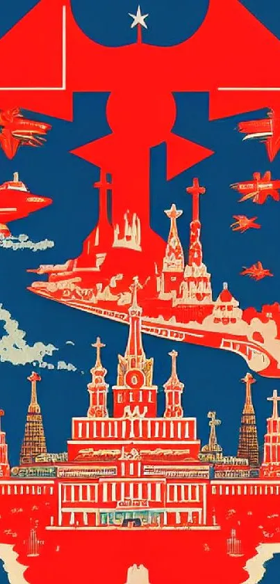 Red and blue artistic wallpaper with iconic structures and planes.