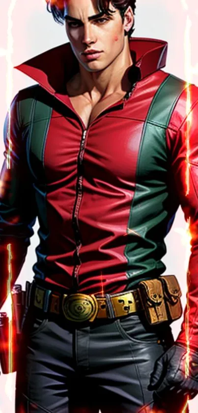 Warrior in red and green attire with energetic lighting on mobile screen.