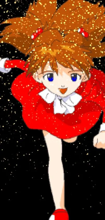 Anime character in red outfit running energetically.