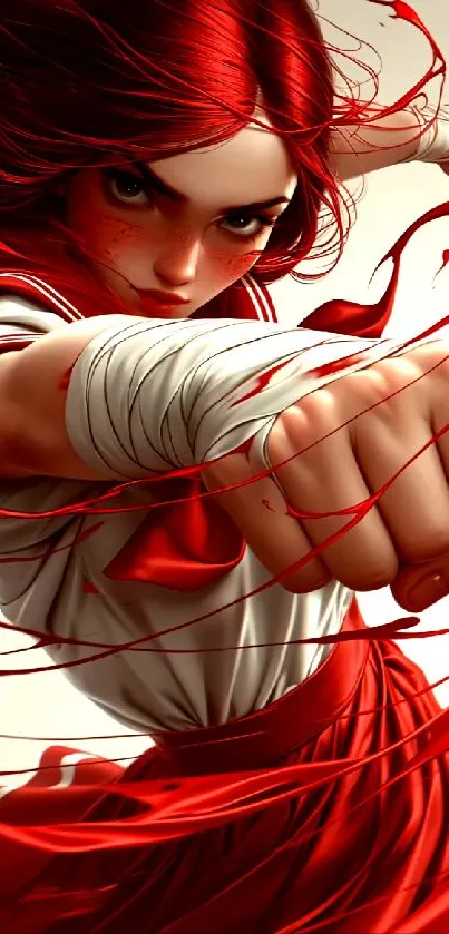 Anime fighter in dynamic red and white action pose mobile wallpaper.