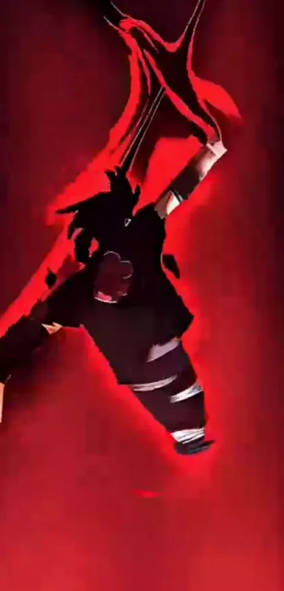 Dynamic anime silhouette against a vibrant red background.