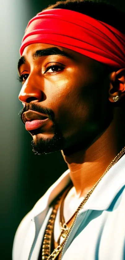 Man wearing a red bandana with dramatic lighting, emphasizing style and bold color.