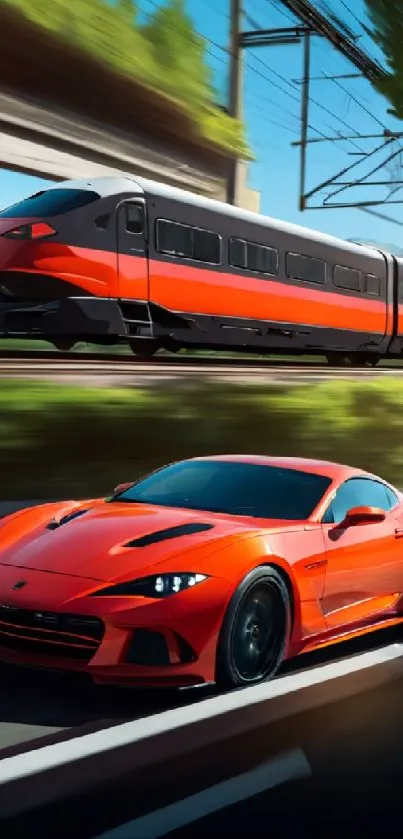 Sleek red sports car and fast train on a vibrant wallpaper.