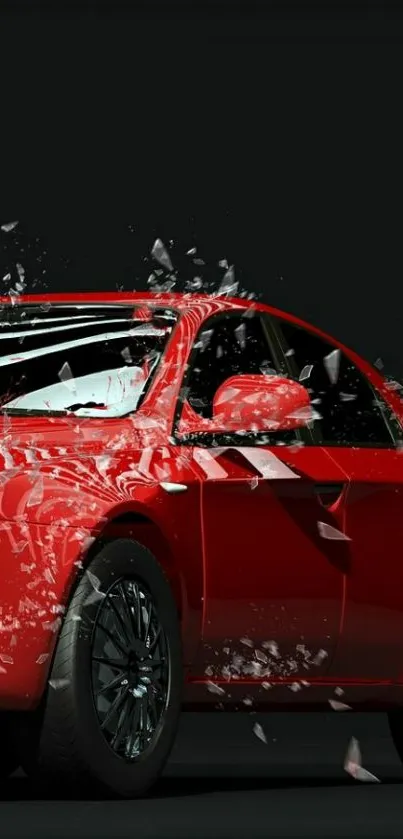 Dynamic red car with shattered glass effect on black background.