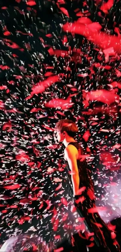 A person stands amidst a burst of red and black confetti, creating a dynamic visual.