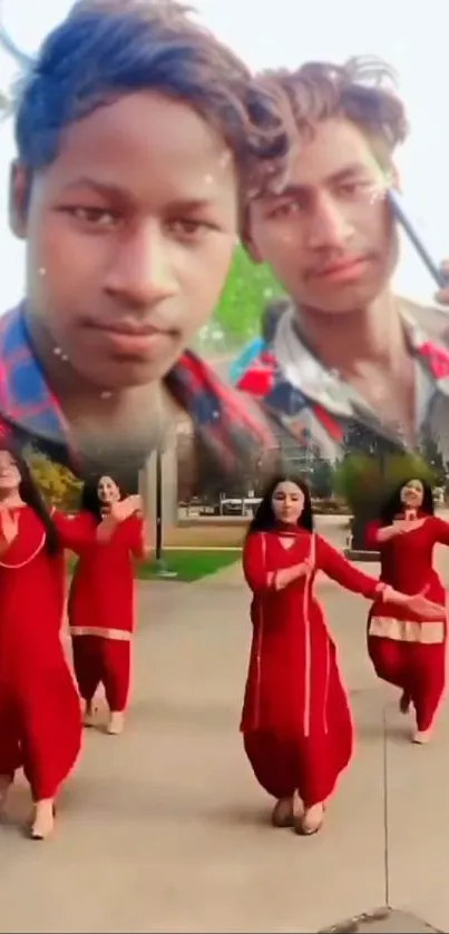 Group of women dancing in red dresses with friends' portrait above.