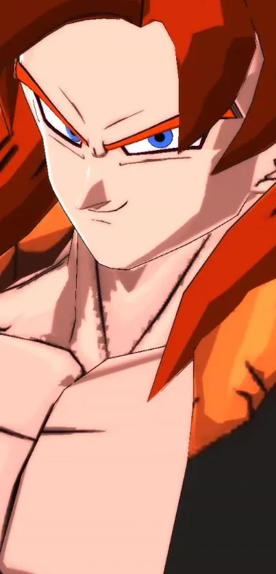 Animated warrior with red hair and blue eyes in a powerful pose.