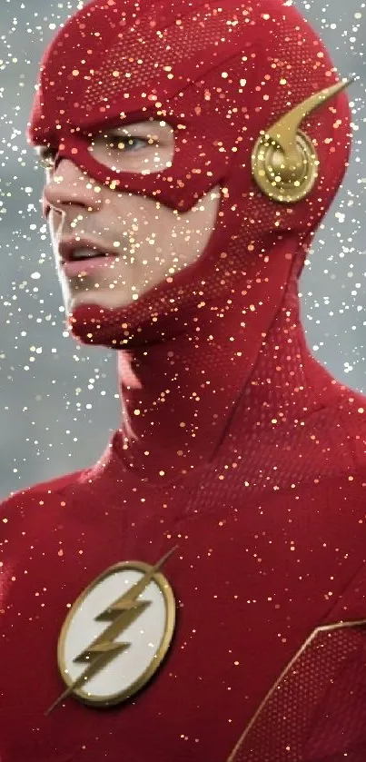 Red-clad superhero in action pose with lightning emblem against gray background.