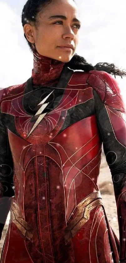 Dynamic superhero in striking red costume against a desert backdrop.