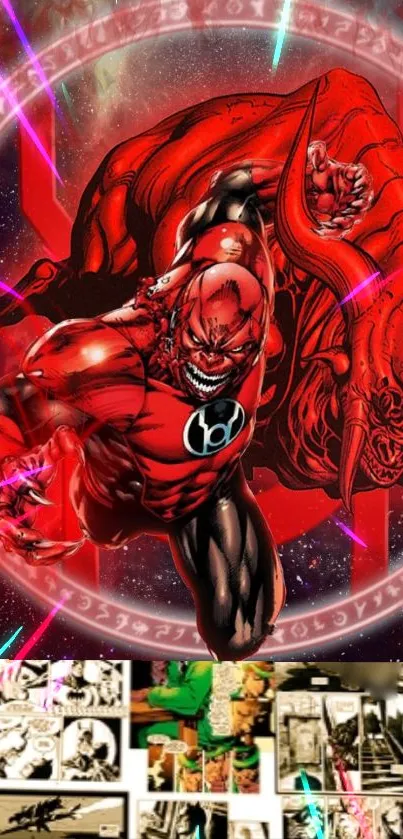 Red Lantern superhero in dynamic pose on vibrant wallpaper.