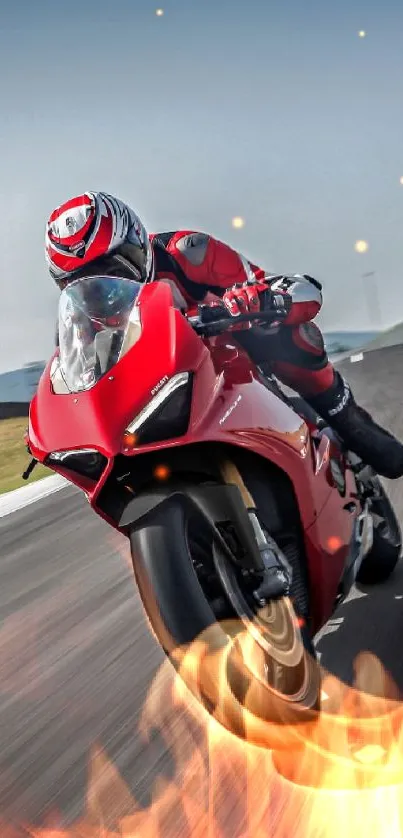 Red motorcycle speeding on track under clear sky.