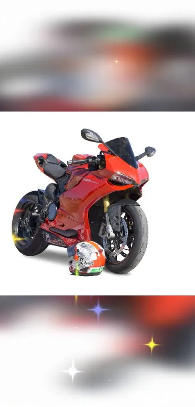 Red motorcycle and helmet on a white background.