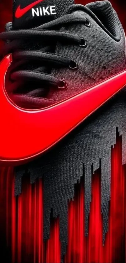 Red Nike sneaker with bold artistic design.