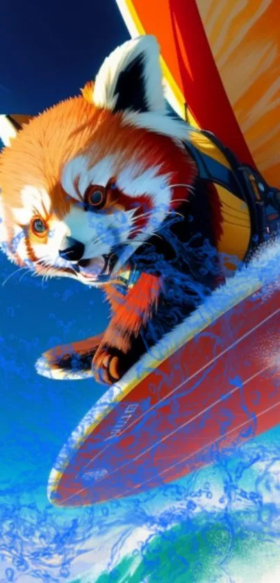 Red panda surfing on an orange board with splashing blue waves.