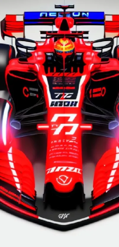 Red race car seen from the front, showcasing sleek design and bright lights.