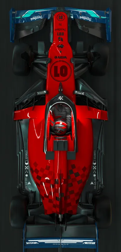 Top view of red race car on a high-speed track.