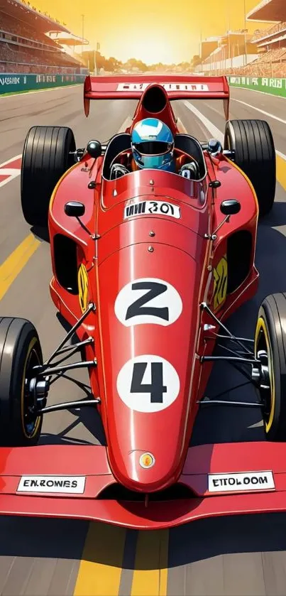 Red racing car on the track in dynamic motorsport scene.