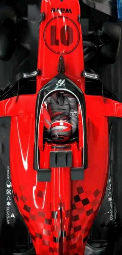 A vibrant red racing car viewed from above, showcasing dynamic design.