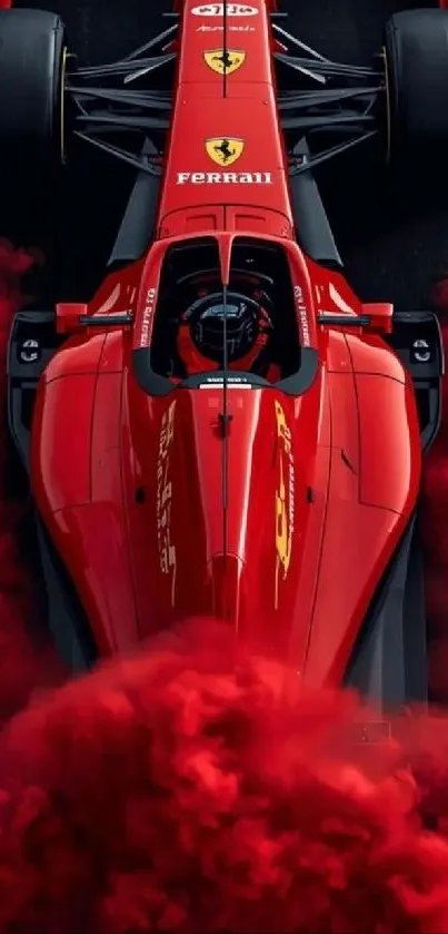 Red racing car surrounded by smoke, captivating motorsport scene.