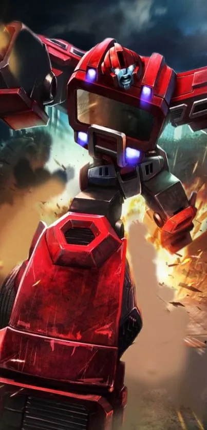 Dynamic red robot in action with explosion background.