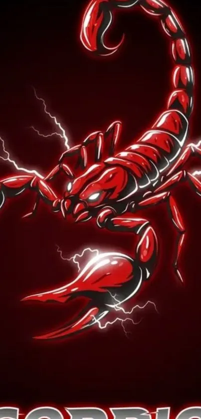 Vibrant red scorpion with electric accents on a dark background.