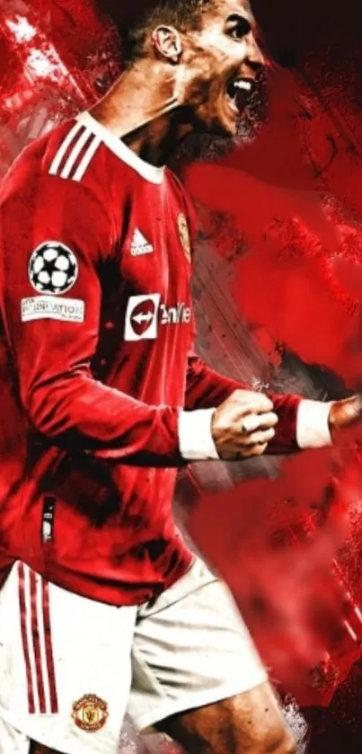 Dynamic red-themed soccer player wallpaper with energetic pose.