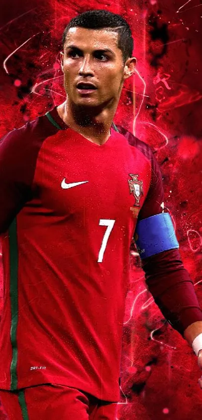 Dynamic soccer player in vibrant red wallpaper.