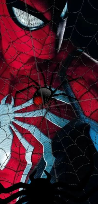 Vibrant Spider-Man wallpaper with red and blue colors and web design.