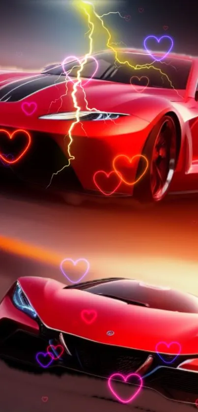 Red sports car with neon hearts and lightning on a dark background.