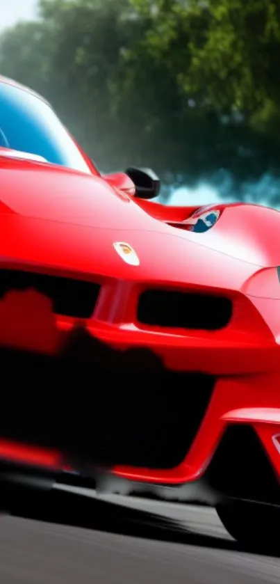 Vibrant red sports car in motion with sleek design on a track.