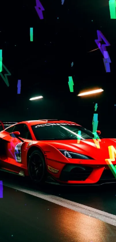 Red sports car in a dynamic nighttime setting, exuding speed and style.