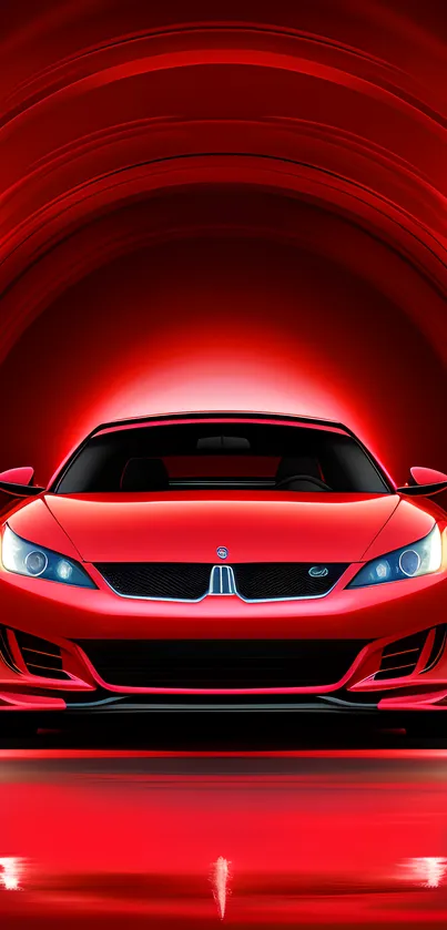 Dynamic red sports car with a sleek design under a vibrant arch.