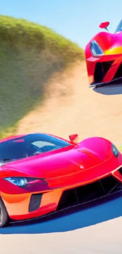 Red sports cars speeding on a track.