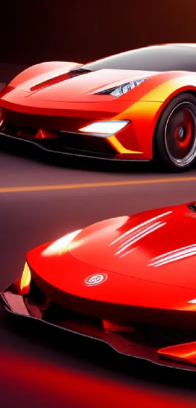 Two dynamic red sports cars racing on a vibrant track wallpaper.