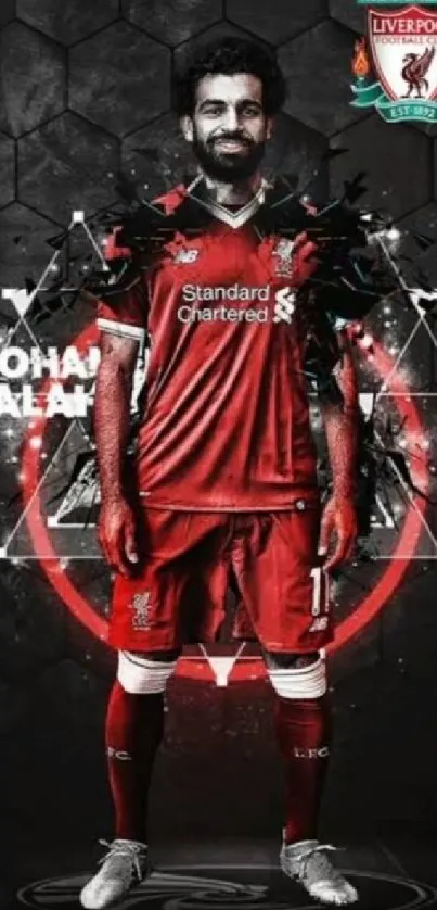 Dynamic red Liverpool-themed mobile wallpaper with geometric patterns.