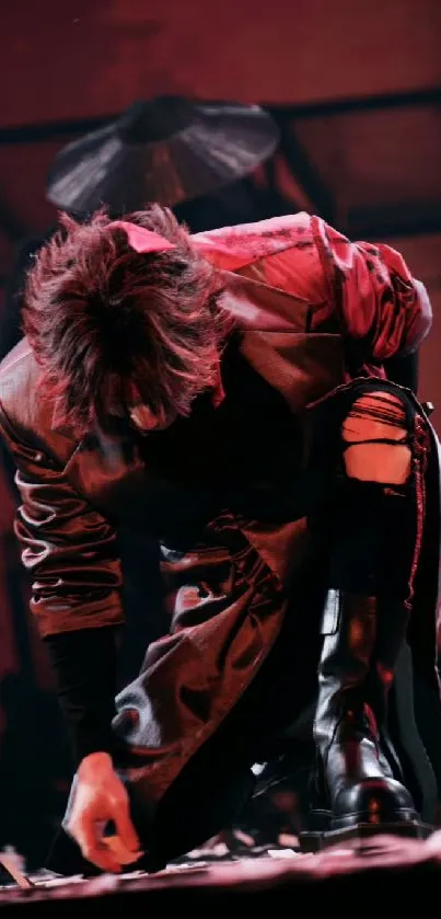 Performer kneeling on stage in red costume, dynamic and dramatic pose.