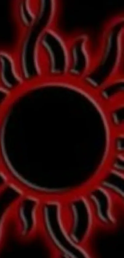 Bold red sun design on a black background.