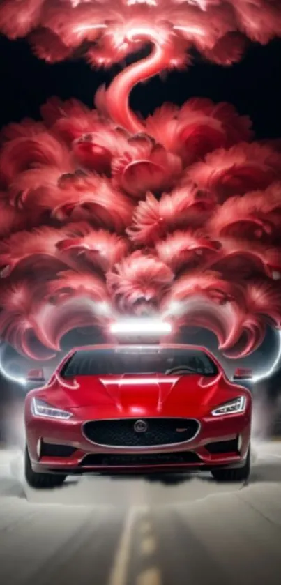 Red supercar with dynamic abstract art on road.